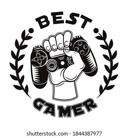 Retro best gamer badge vector illustration. Monochrome hand grasping game controller. Videogame and computer tournament concept can be used for retro template, banner or poster