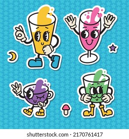 Retro beverage mascot illustrations set. Old cartoon style character stickers kit. A glass of drink is a character with eyes and gloved hands. Vector design for of T-shirts, covers, mugs and more.