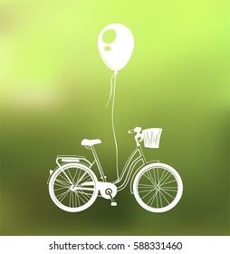 Retro bicycle with air balloon. Vector illustration isolated on green background