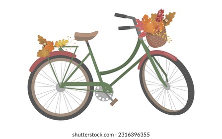 Retro bicycle with autumn leaves in floral basket and leaves on trunk. Color bike isolated on white background.