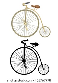 Retro bicycle with a big wheel on a white background.