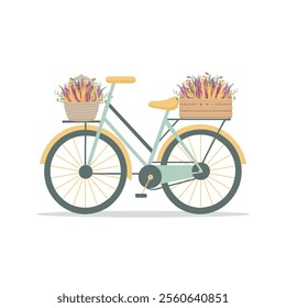 Retro bicycle with colorful flowers in crate and basket. Hand drawn bike on white background. Illustration in flat style