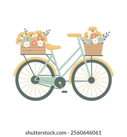 Retro bicycle with colorful flowers in crate and basket. Hand drawn bike on white background. Illustration in flat style