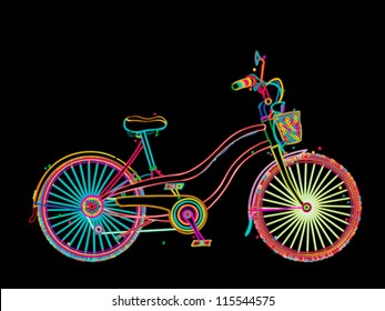Retro bicycle in colors, stylized design over black background