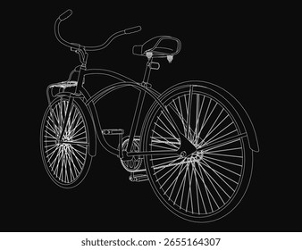 Ein Retro-Fahrrad im klaren Vektorstil mit detaillierten Konturen von Lenker, Sitz und Rädern. Der stark schwarze Hintergrund hebt die weiße Kontur für einen auffälligen Kontrast hervor.