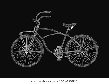 A retro bicycle drawn in wireframe style stands out against a black background. The intricate lines create a detailed and unique design. The monochrome palette enhances the minimalist aesthetic.