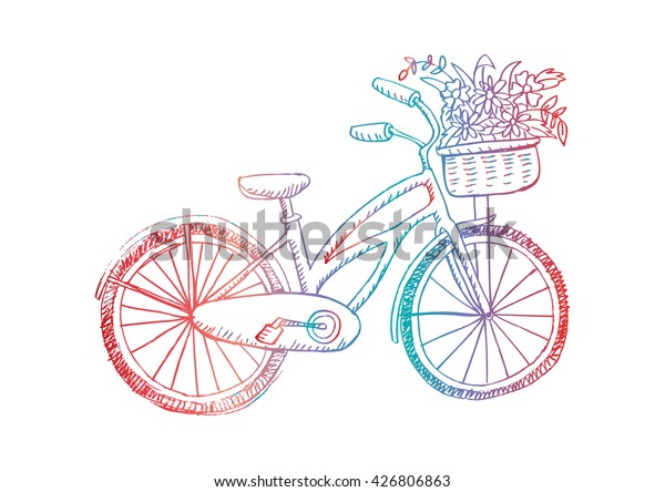 Retro Bicycle Flower Basket Hand Drawing Stock Vector Royalty