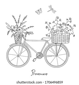 Retro bicycle with flower boxes or baskets. Provence style, France, Europe. Vintage white and black vector illustration for coloring book.