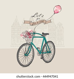 Retro bicycle with a flowers and a air balloon in a old city. Vector illustration.