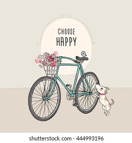 Retro bicycle with a flowers and a dog. Vector illustration.