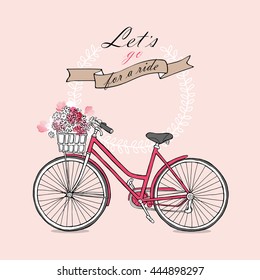 Retro bicycle with a flowers on beige background. Vector illustration.