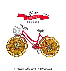 Retro bicycle with fruit orange wheels. Vector illustration.