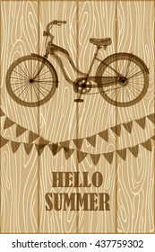 Retro bicycle with a garland and the words "Hello Summer" on a wooden background. Vector illustration.