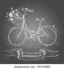 Retro Bicycle Illustration On Blackboard With Chalk
