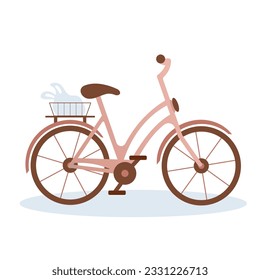 Retro bicycle isolated on a white background. Eco-friendly vehicle with basket and shopping bag, vector flat illustration of a bike