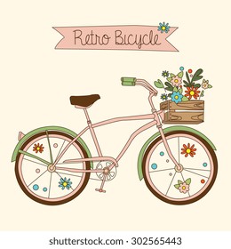 Retro bicycle with karzinkoy for flowers , hand-drawn Vector illustration.