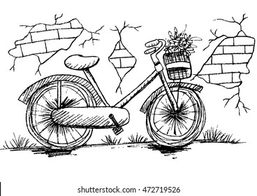  Retro bicycle for ladies and red brick wall. Sketchy style.