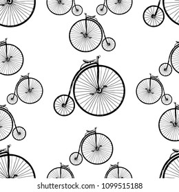 Retro bicycle with large front wheel. Graphics patterns style hand-drawn vector illustration.Template for luxury textiles, paper, wallpaper.