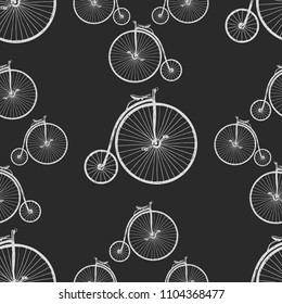Retro bicycle with large front wheel. Graphics patterns style hand-drawn vector illustration.Template for luxury textiles, paper, wallpaper.