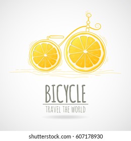 Retro bicycle with lemon slice instead of wheels. Bright logotype for tourism agency. Bicycle logo template. Vector illustration.