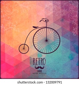 Retro Bicycle On Hipster Background Made Of Triangles With Grunge Paper. Retro Background With Floral Ornament And Geometric Shapes.