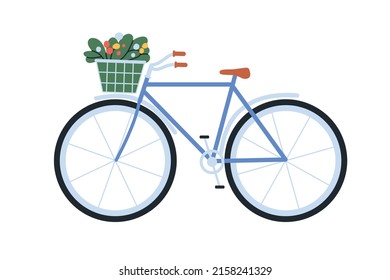 Bicicleta retro con flores de primavera en canasta. Bicicleta clásica con plantas florales en carrito. Ramo de verano en ciclo de vintage, vista lateral. Ilustración vectorial plana aislada en fondo blanco
