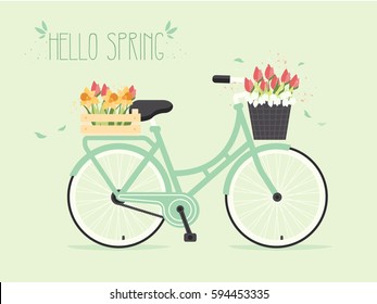 Retro Bicycle with Spring Flowers in Basket. 