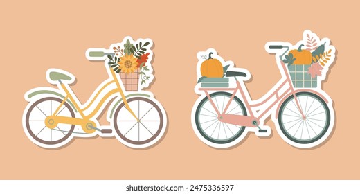 Retro bicycle sticker with autumn leaves in floral basket. Cute Ladies bicycle. Women city retro bike. Romance. Good for cards, greeting, scrapbooking, typography, printing, social media or website