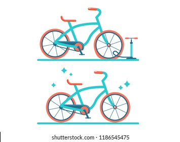 Retro bicycle vector flat illustration. Set of two bicycles. Bicycle with a flat tire. Pumping of the wheel.