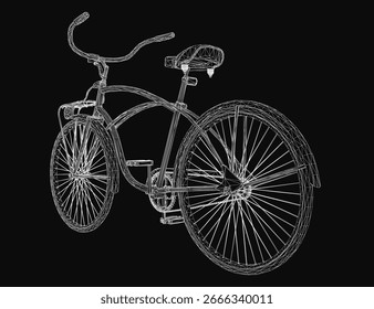 Retro bicycle wireframe model with clean lines and realistic details, isolated on a black background. The 3D design highlights the frame, wheels, and components for a sleek technical look.