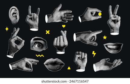 Retro big set of halftone elements for banner, poster, card design. Trendy halftone collage hands set. Hand gestures, lips, eyes. Contemporary vector illustration.