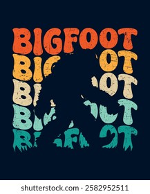 retro bigfoot t-shirt design with vintage typography for outdoor and adventure lovers.