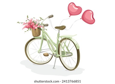 Moto retro con cesta de flores y globos en forma de corazón. Postal con ramas de cerezo o manzano en flor y globos rosados, felicitaciones por el Día de San Valentín.	