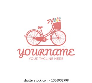 Retro bike with basket and flowers, logo design. Bicycle, cycle or velocipede, vector design and illustration