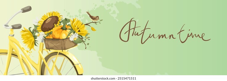 Bicicleta retrô com cestas de flores. Banner vetor estreito com girassóis e abóboras e passarinho, hora de outono.