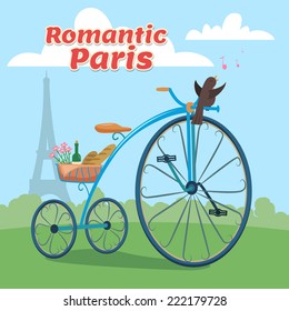 Retro bike, cute postcard with text Romantic Paris. Vector