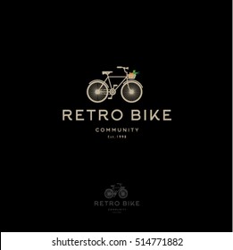 Retro Bike logo. Vintage bike with basket. Retro bike community emblem.