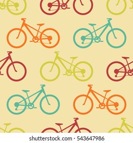 Retro bike seamless pattern. Vector illustration for bicycle transport design. Bright vehicle pattern. Sport race ride cute wallpaper background. Cartoon silhouette shape. Healthy active leisure
