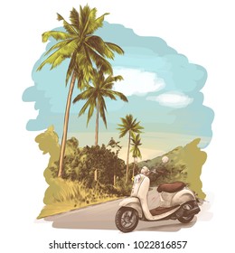 retro bike stands on the road, jungle with palm trees on the edges, sketch vector graphics colored drawing