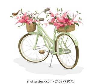 Moto retro con dos cestas de flores. Postal con ramas de cerezo o manzana florecientes y pájaro pequeño, felicitaciones por las vacaciones de primavera.	