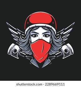 moto retro chica con alas y logotipo de pistón