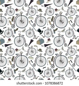 Retro bikes and accessories. Seamless pattern. Vector illusration.