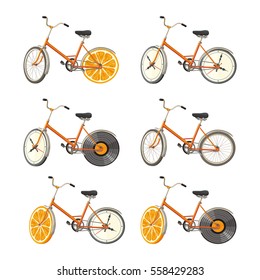 Retro bikes with oranges, mechanical clocks and vinyls instead of wheels. Vector illustration.