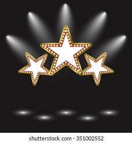 Retro Billboard. Light Frame. Background with Spotlight. Retro Banner. 
Signboard. Stars Retro Light Banner On Shine. Concept For Your Message. Vector Illustration