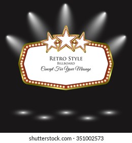Valla retro. Marco claro. Fondo con Spotlight. Cartel retro. Cartel De La Luz Retro De Las Estrellas En El Santuario. Concepto De Su Mensaje. Ilustración vectorial
