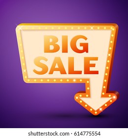 Retro billboard with shining lamps and arrow with inscription big sale on purple background. Business banner, shopping promotion poster, bright signboard. Vector illustration