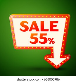 Retro billboard with shining lamps and arrow with inscription sale 55 percent discounts on green background. Business banner, shopping promotion poster, bright signboard. Vector illustration