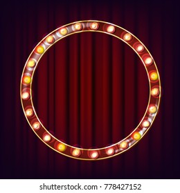 Retro Billboard Vector. Realistic Shine Lamp Frame. 3D Electric Glowing Element. Vintage Golden Illuminated Neon Light. Carnival, Circus, Casino Style. Illustration