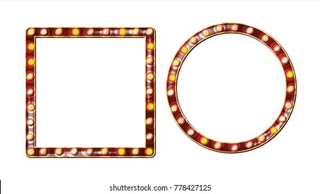Retro Billboard Vector. Shining Light Sign Board. Realistic Shine Lamp Frame. 3D Electric Glowing Element. Vintage Golden Illuminated Neon Light.  Isolated Illustration