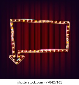 Retro Billboard Vector. Shining Light Sign Board. Realistic Shine Lamp Frame. Vintage Golden Illuminated Neon Light. Carnival, Circus, Casino Style. Illustration